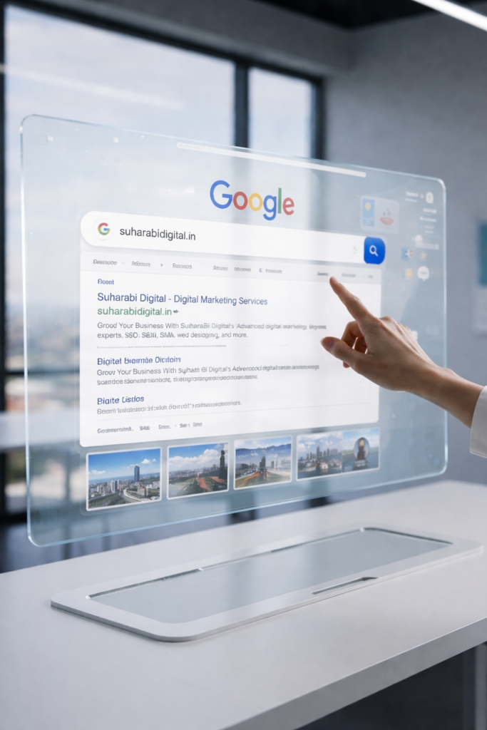 Futuristic Google search interface displaying digital marketing services on a transparent screen with a hand interacting with the search results.