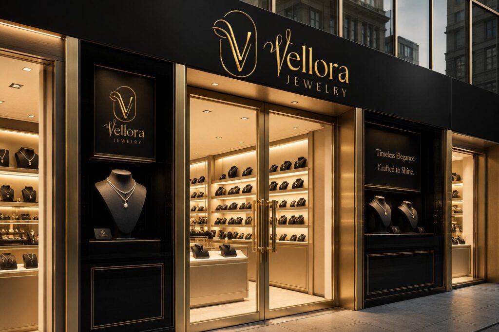 Luxury gold jewelry collage with elegant model portraits and black logo design.