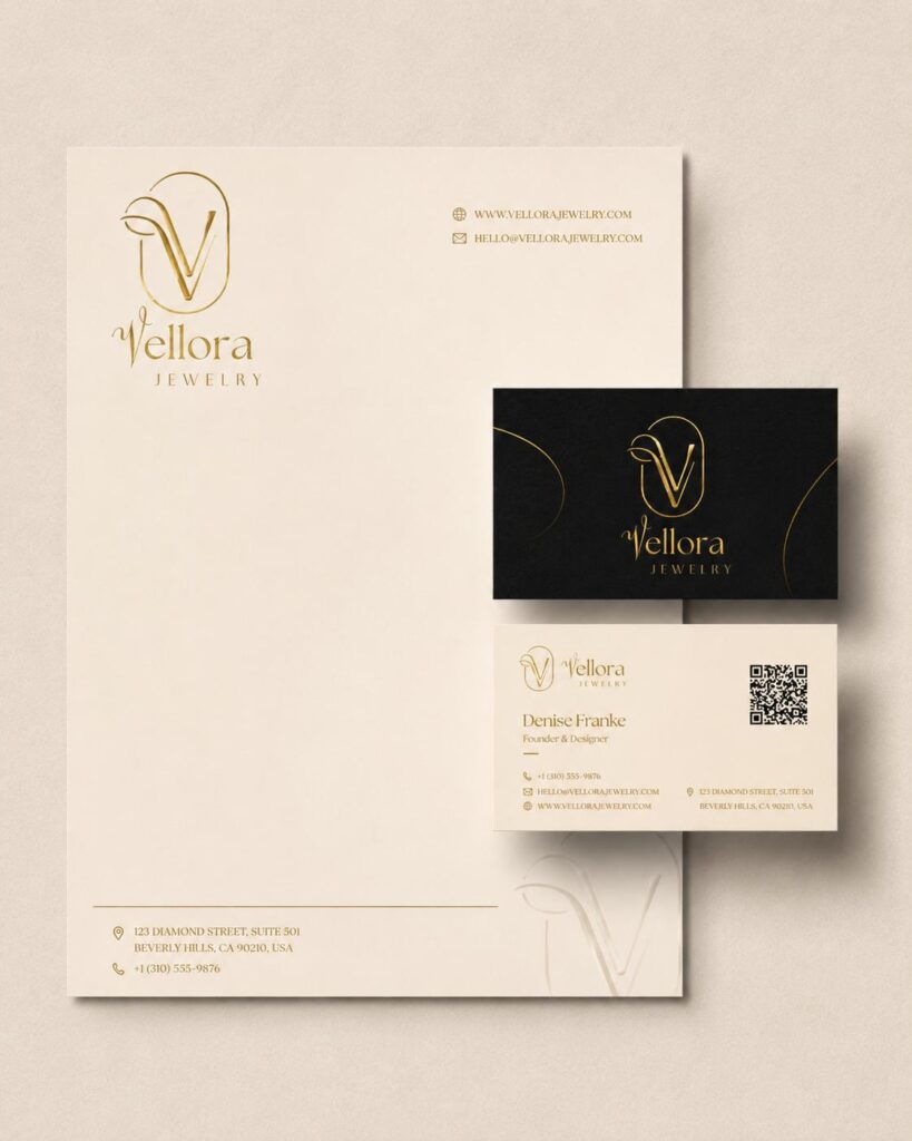 Vellora jewelry branding with gold logo and luxury neutral packaging. Caption: