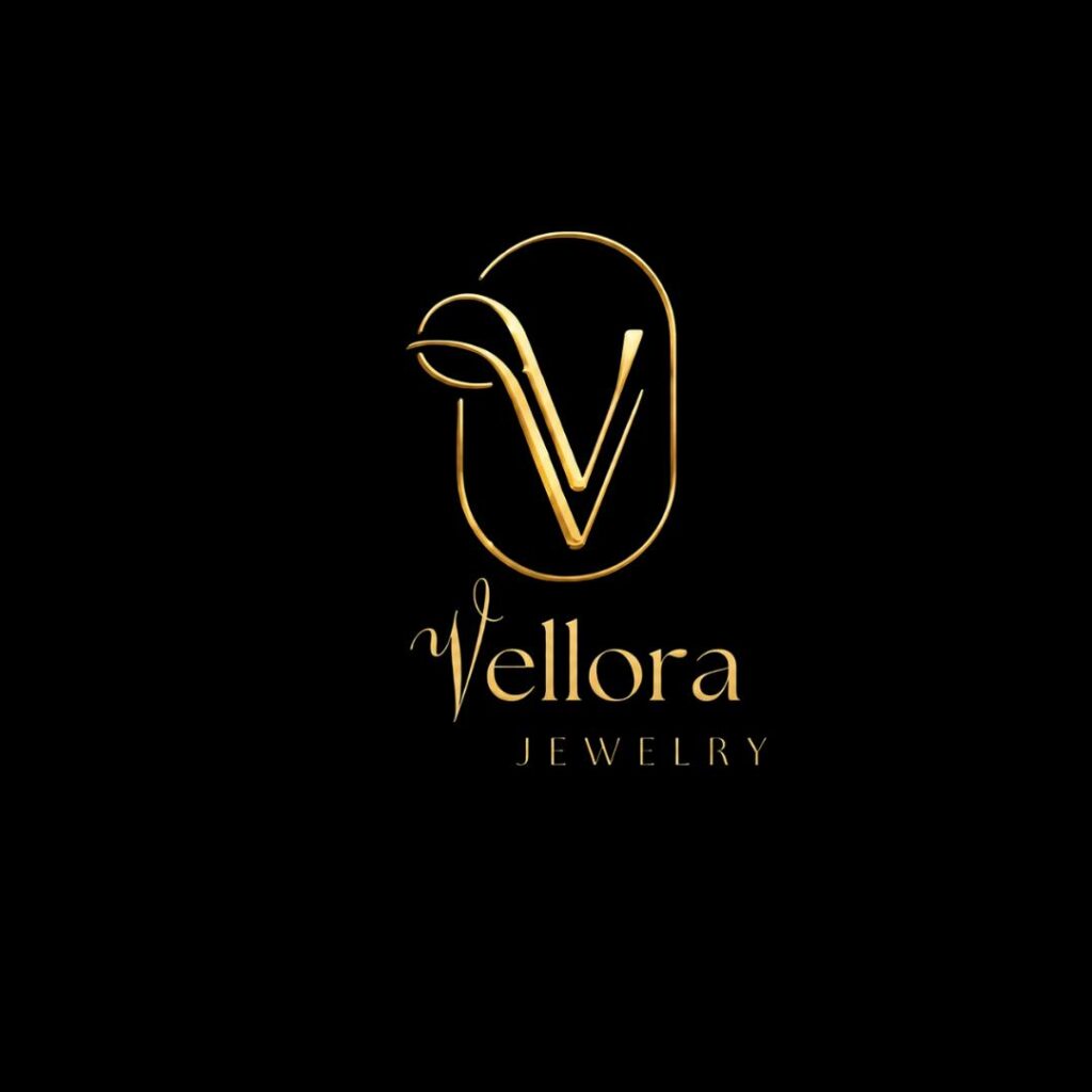 Vellora Jewelry gold logo on a deep black luxury background.