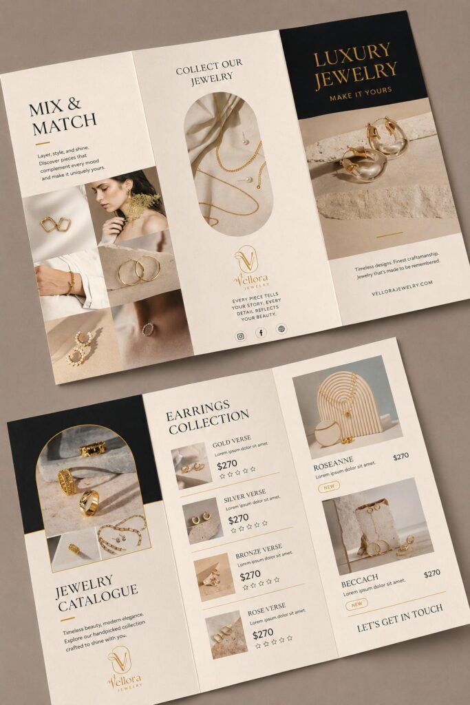 Luxury jewelry brochure design featuring elegant gold rings, earrings, bracelets, and necklaces in a modern tri-fold catalogue layout with soft beige and black tones.