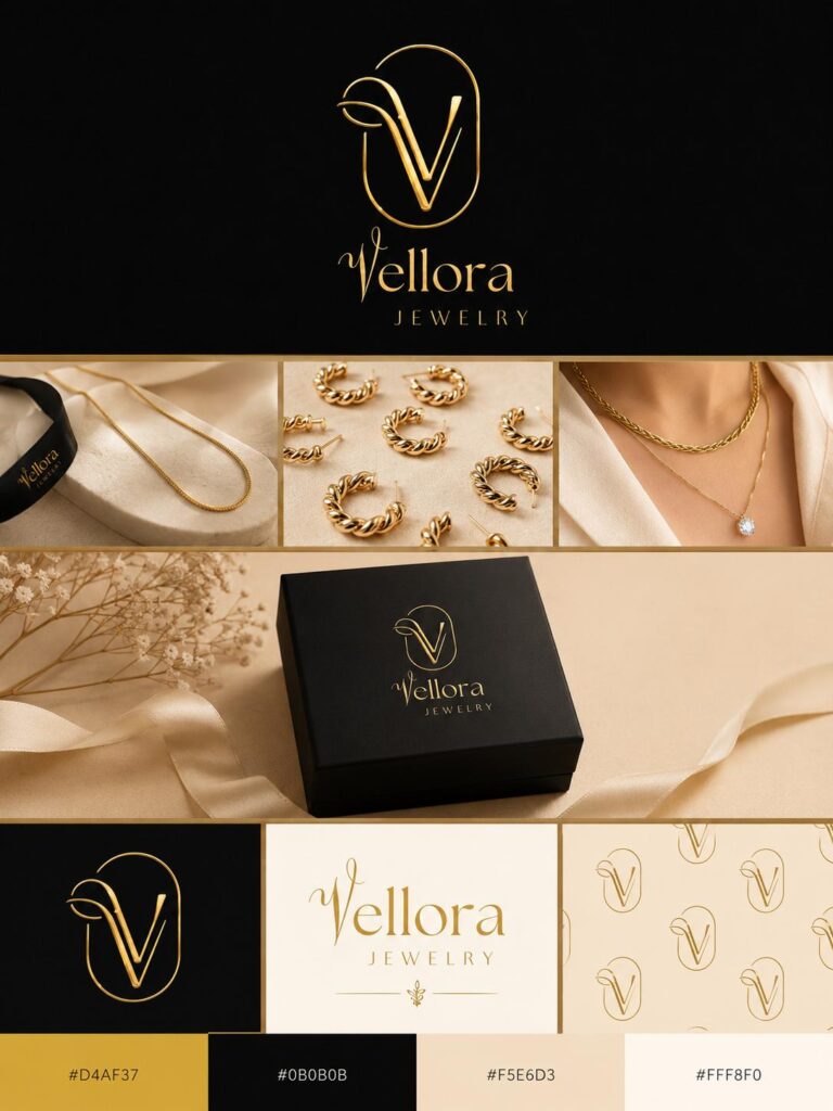 Vellora Jewelry brand showcase with gold logo, luxury packaging, and neutral color palette.
