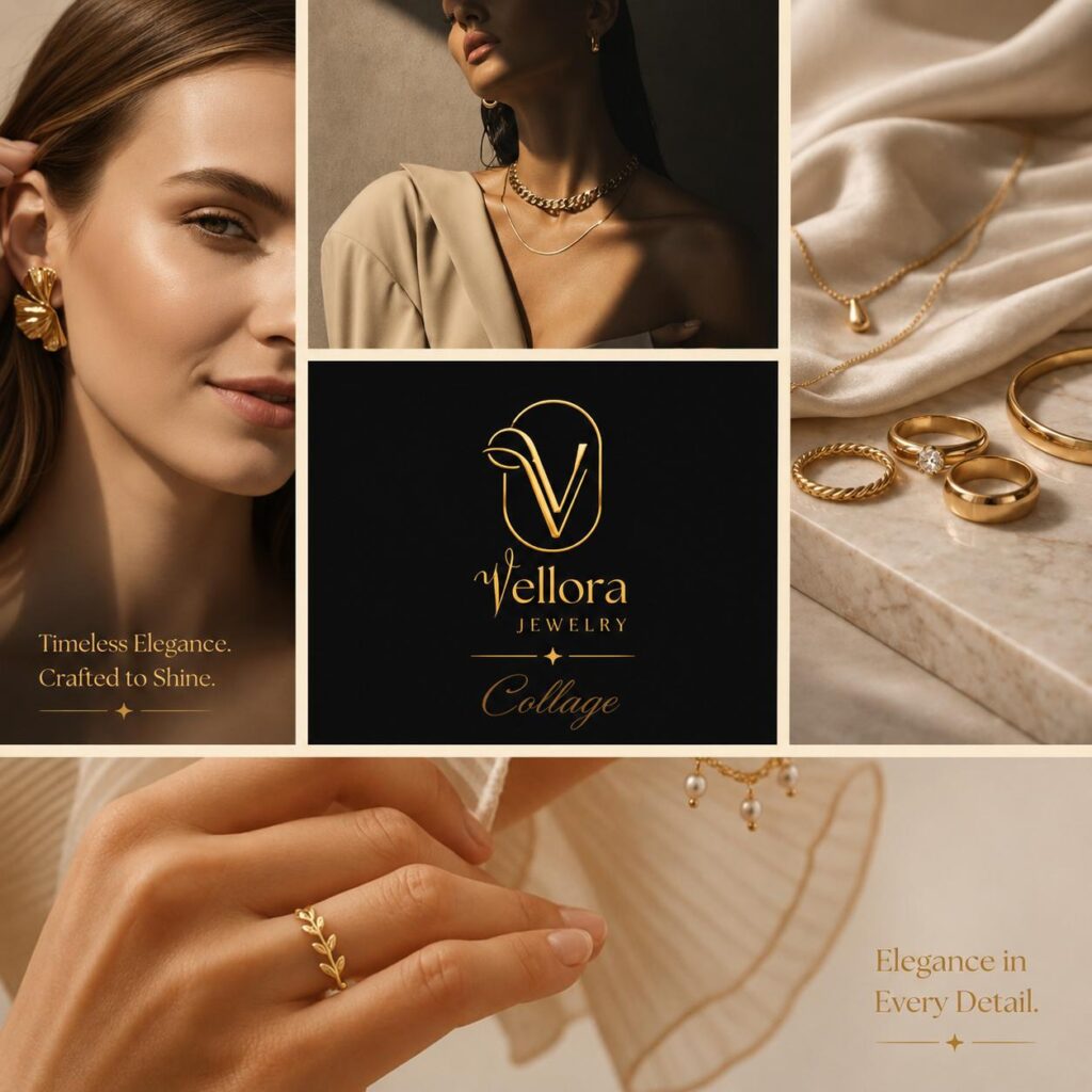 Elegant jewelry collage featuring gold accessories, model portraits, and a black luxury logo design in warm beige tones.