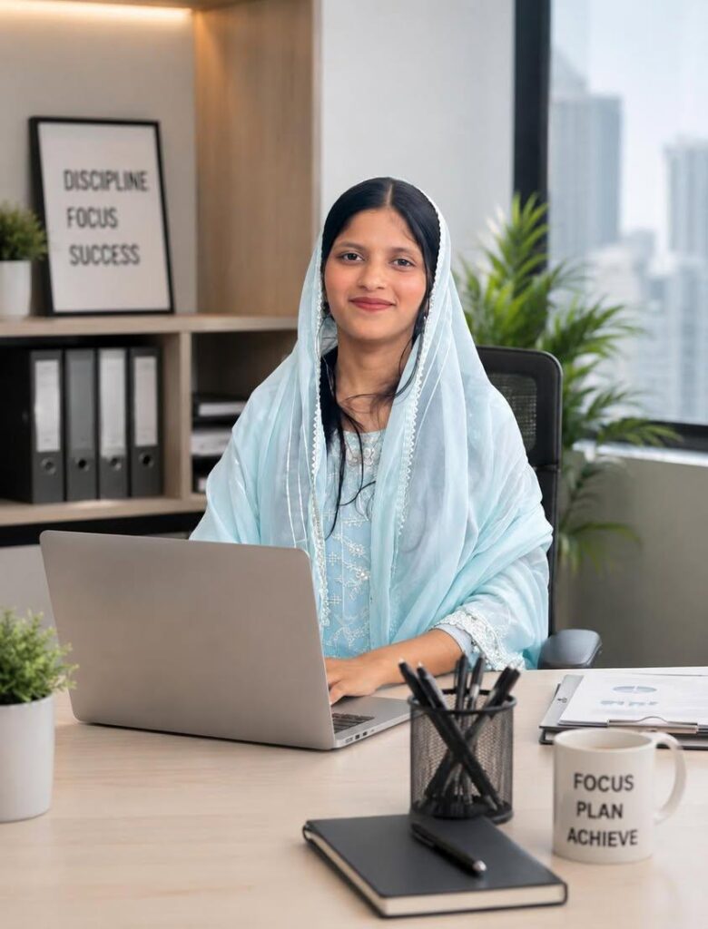 Young woman working on a laptop in a modern office.