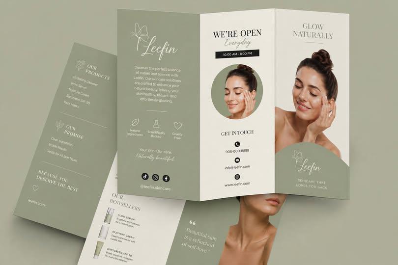 Skincare brand brochure with beauty product details and model images.
