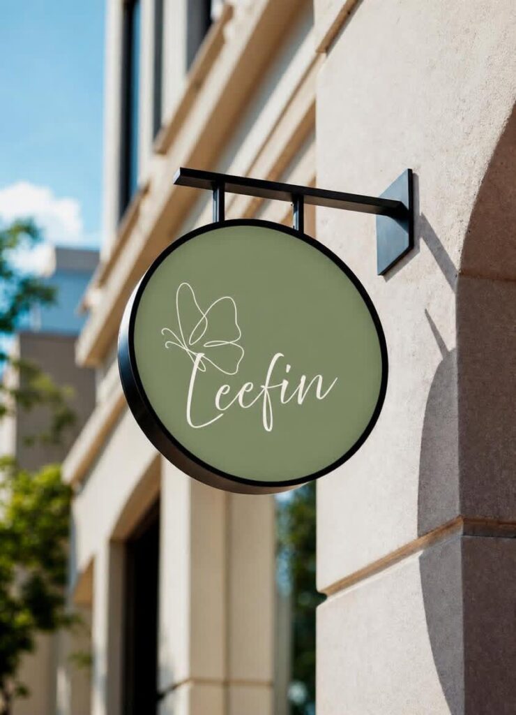 Round storefront signboard with minimalist skincare brand logo.