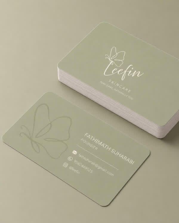 Minimal skincare business card design with soft green branding.